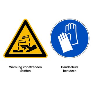 Warnzeichen Kombischild Ätzende Stoffe / Handschutz tragen Kunststoff, 148 x 210mm